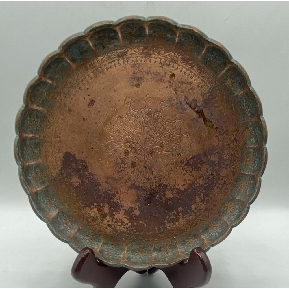 Vintage Copper Serving Tray Snowflake Etched Round Platter 7.75" Patina